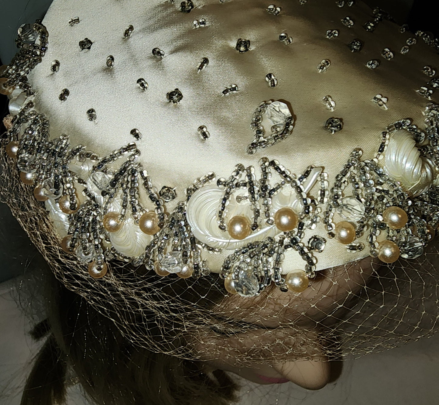 Vintage Half Hat 1950s Cream White Satin Hat Silver Glass Beads Faux Pearls Rhinestones Veil Mid Century Wedding Bridal Hat 22 in.