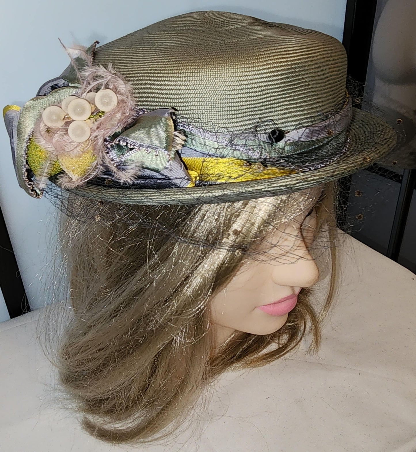 Vintage 1950s Hat Light Blue Straw Floral Hat Purple Yellow Ribbon Small Lemon Lime Berry Ornaments Fruit Hat Mid Century 21 in.