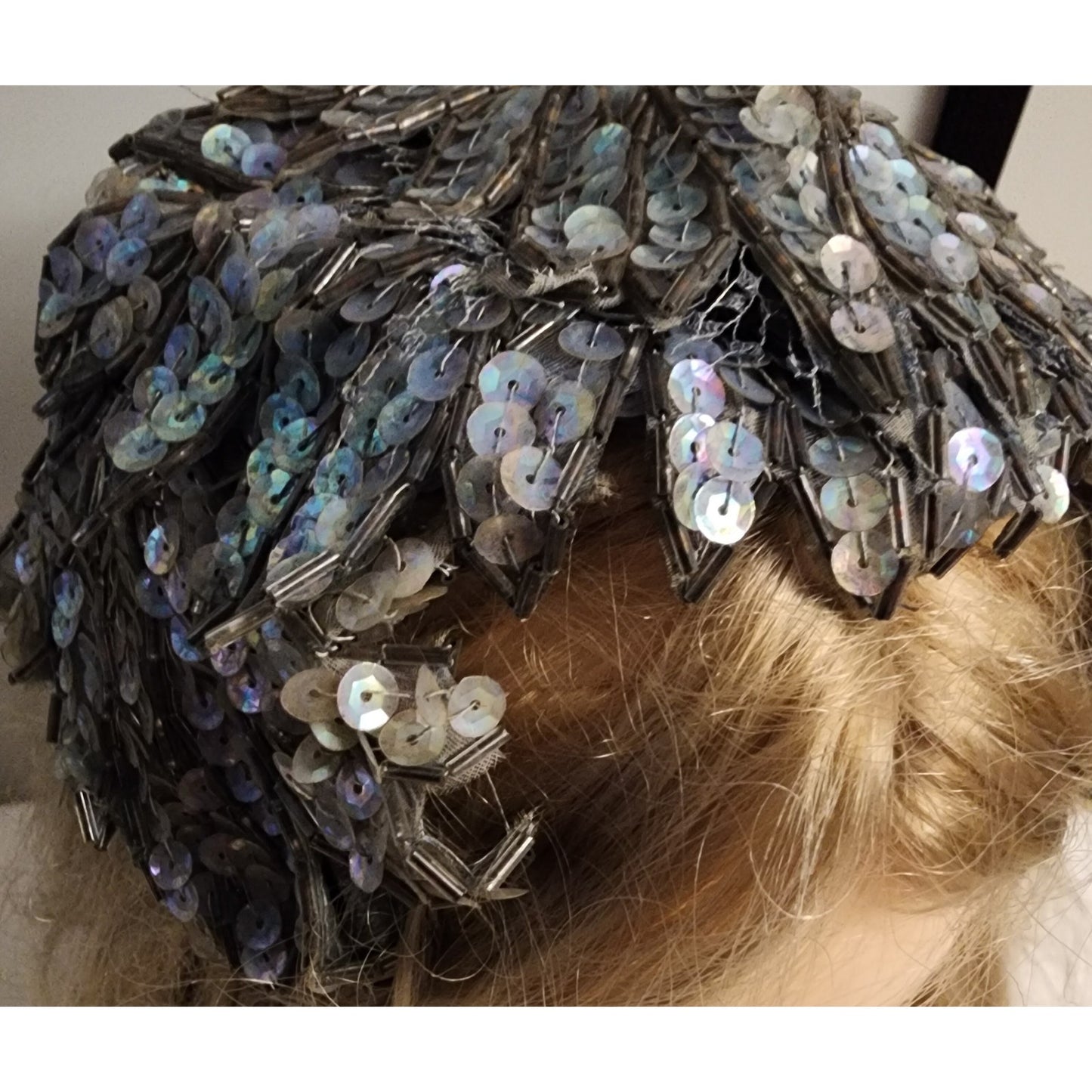 Vintage Half Hat 1950s Exquisite Small Light Blue Iridescent Sequin Beaded Leaf Half Hat Clamp Hat Mid Century