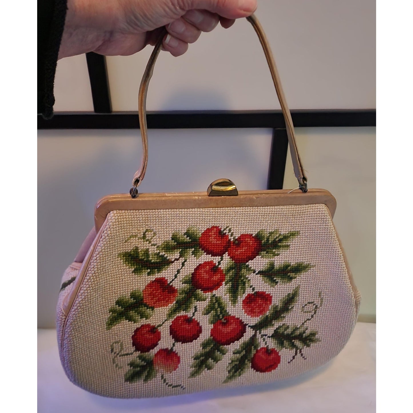 Vintage Cherry Purse Large 1950s Beige Wool Embroidered Bag Red Cherries Green Leaves Mid Century Rockabilly