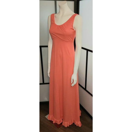 Vintage Long Dress 1970s Long Peach Light Orange Nylon Gown Maxidress Disco Boho S