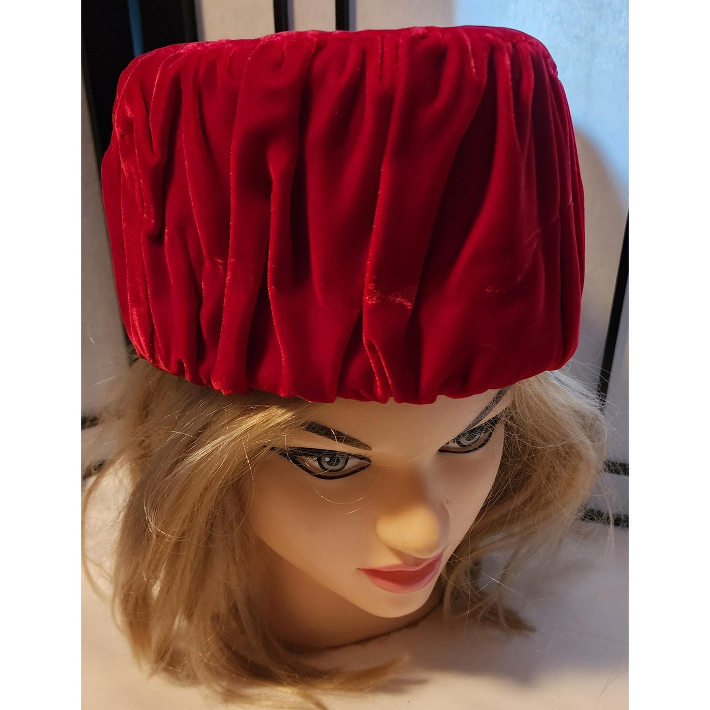 Vintage Pillbox Hat 1950s 60s Bright Red Pleated Velvet Tall Round Pillbox Hat Mid Century Handmade 21 in.