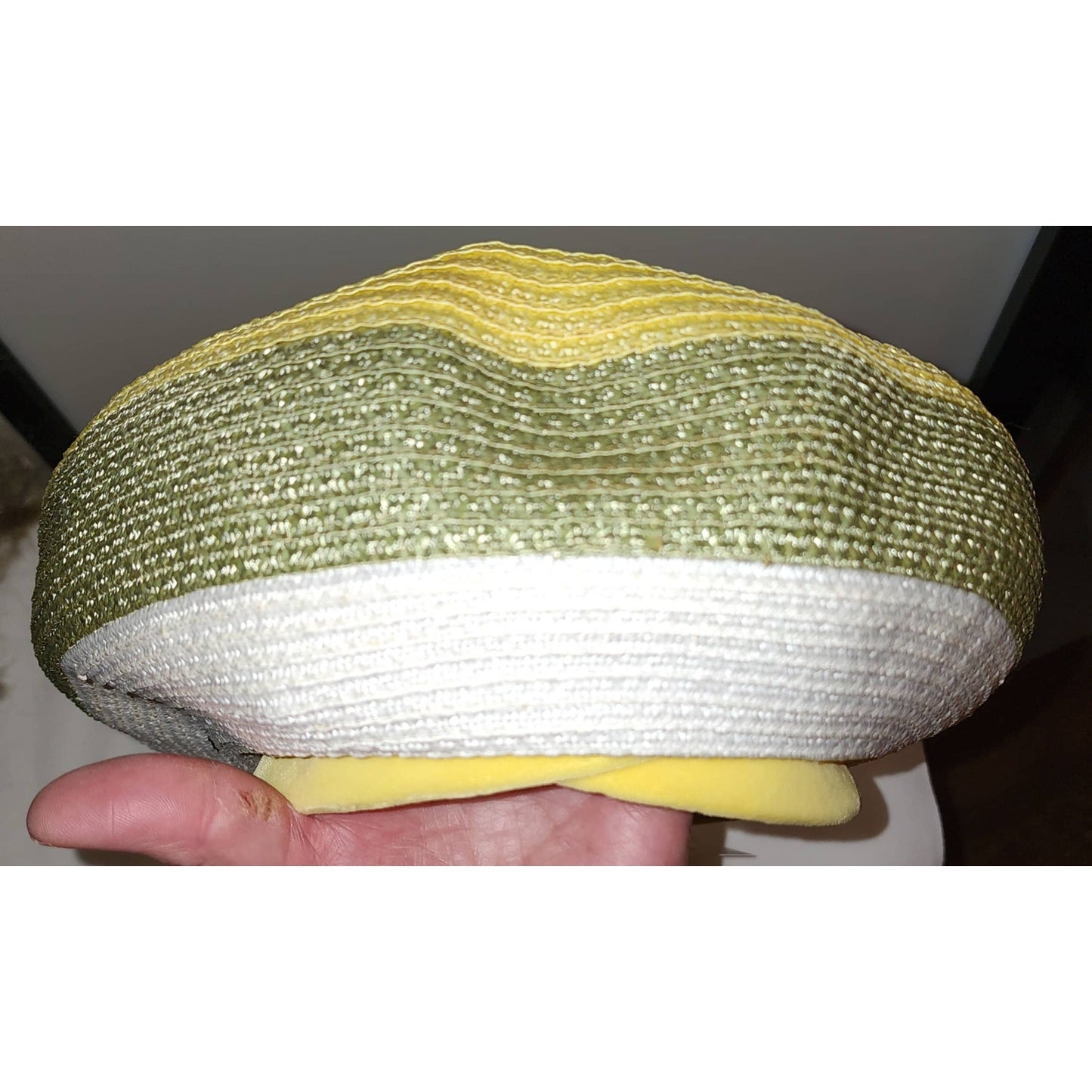 Vintage 1960s Hat Large Straw Beret Pouf Style Green Yellow White Hat Velvet Trim Mid Century Mod 21.5 inches