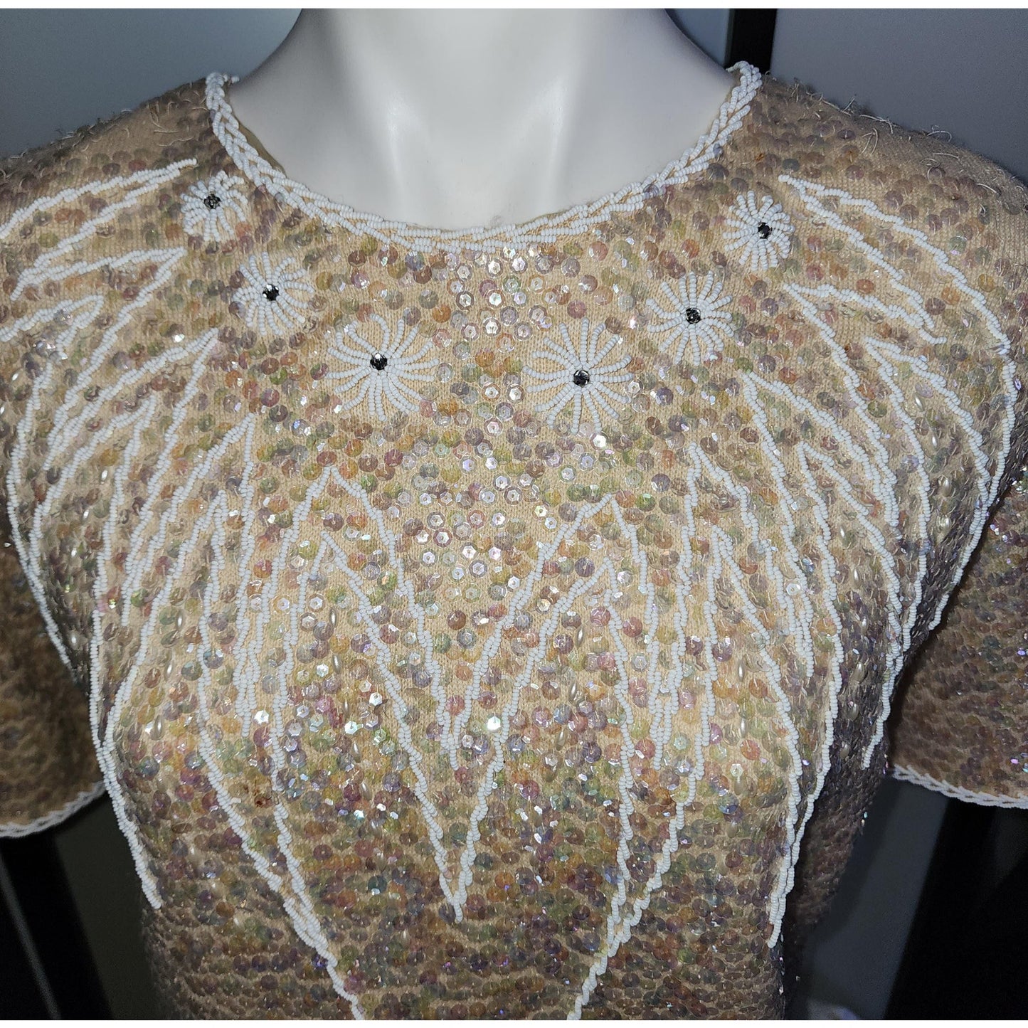 Vintage Beaded Sweater 1950s 60s Cream Wool Zip Back SS Top Tiny Glass Beads Sequins Rhinestones Mid Century L AS IS missing sequins