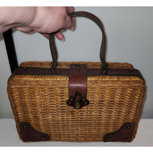 Vintage Aigner Purse 1970s Woven Wood Wicker Rattan Rectangle Box Purse Oxblood Leather Metal A Logo Designer Boho small flaws