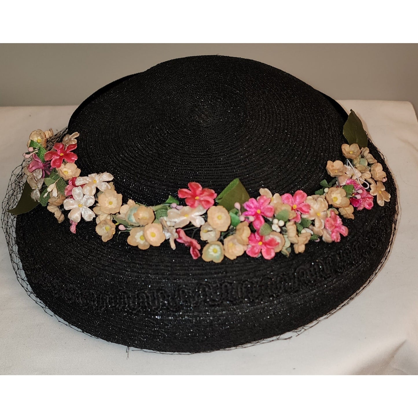 Vintage Floral Hat 1930s 40s Round Black Straw Hat Pink Red White Flowers Net Veil Velvet Bow Mid Century Art Deco 22.5 in.