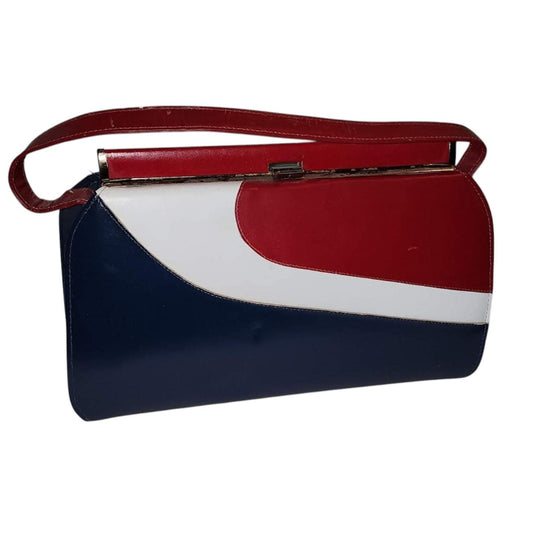 Vintage 1950s 60s Purse Red White Blue Abstract Design Leather Top Handle Purse Patriotic Mid Century