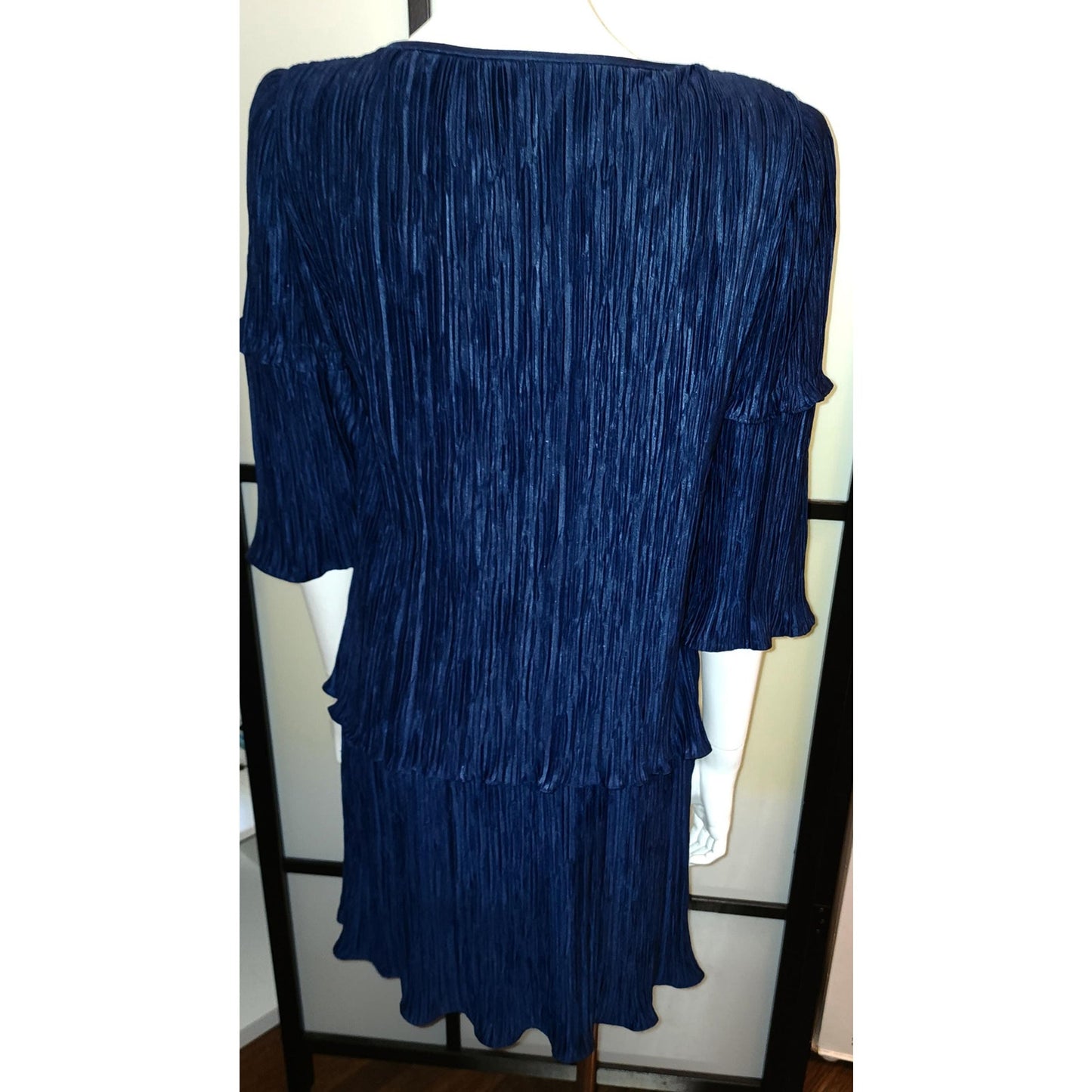 Vintage Evening Dress 1980s Dark Blue Micro Pleat Tiered Flapper Style Cocktail Dress Huge Beaded Ornament After Dark M