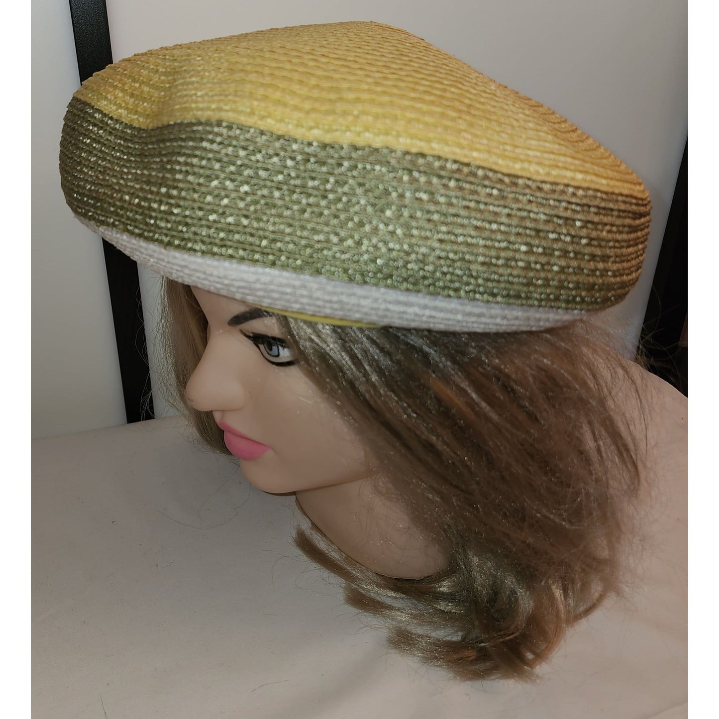 Vintage 1960s Hat Large Straw Beret Pouf Style Green Yellow White Hat Velvet Trim Mid Century Mod 21.5 inches