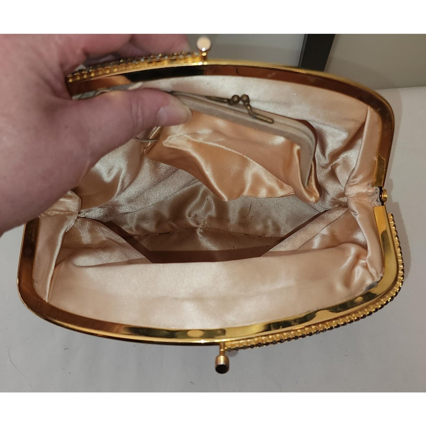 Vintage Clutch Purse 1950s Black Satin Rhinestone Frame Clutch Purse Small Bag Mid Century