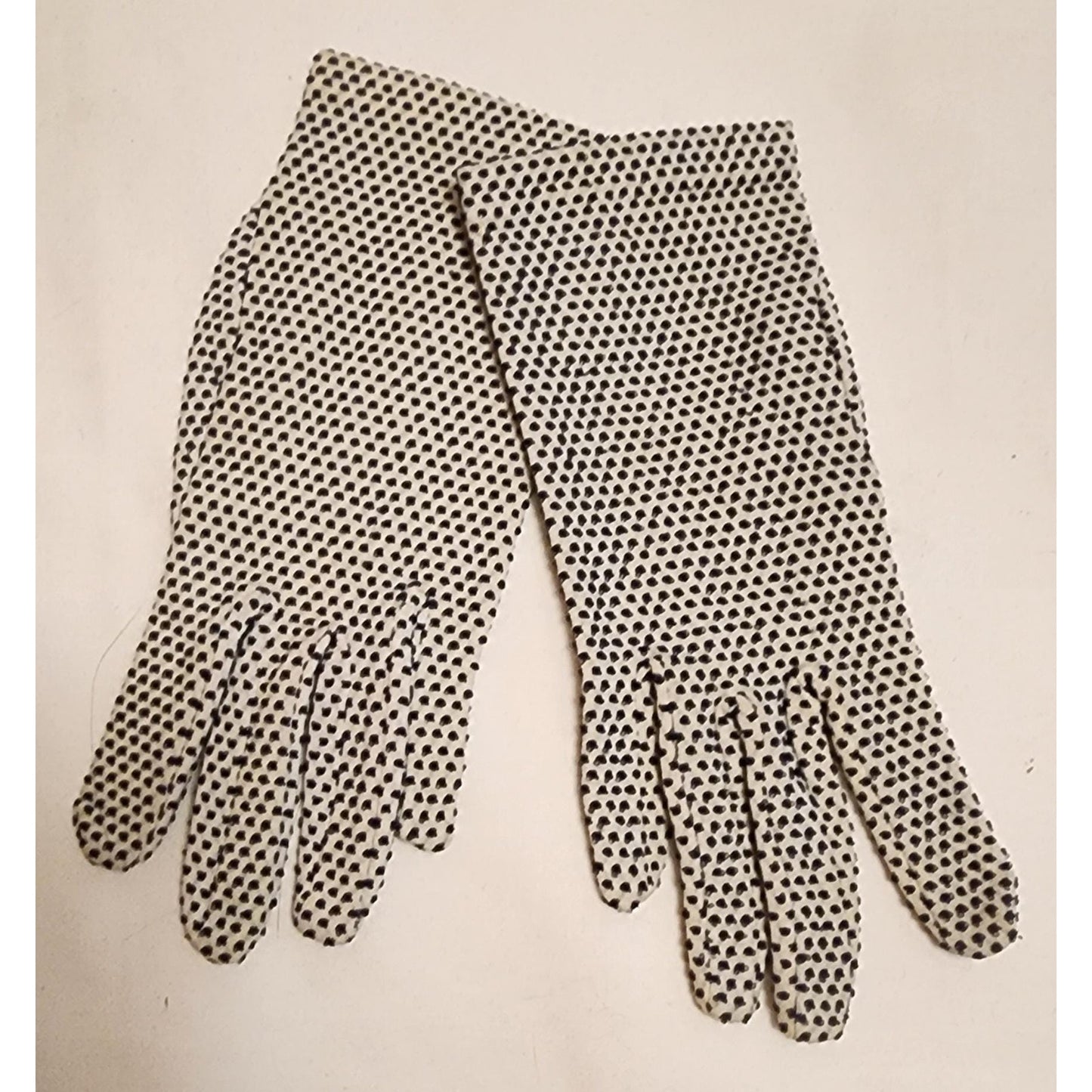 Vintage Polkadot Gloves 1960s Black and White Stretch Nylon Textured Tiny Polka Dot Wrist Gloves Mid Century Mod One Size