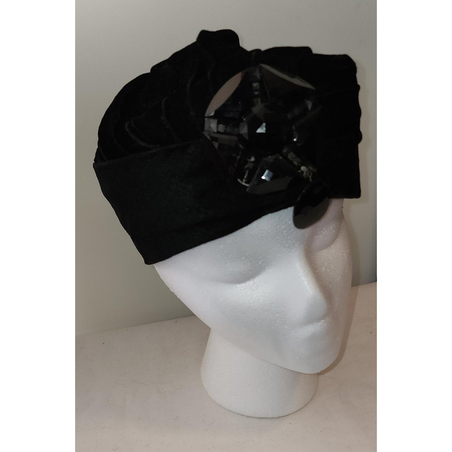 Vintage 1920s 30s Hat Black Velvet Turban Style Hat Large Jet Bead Ornament Art Deco Flapper 21.5 in.