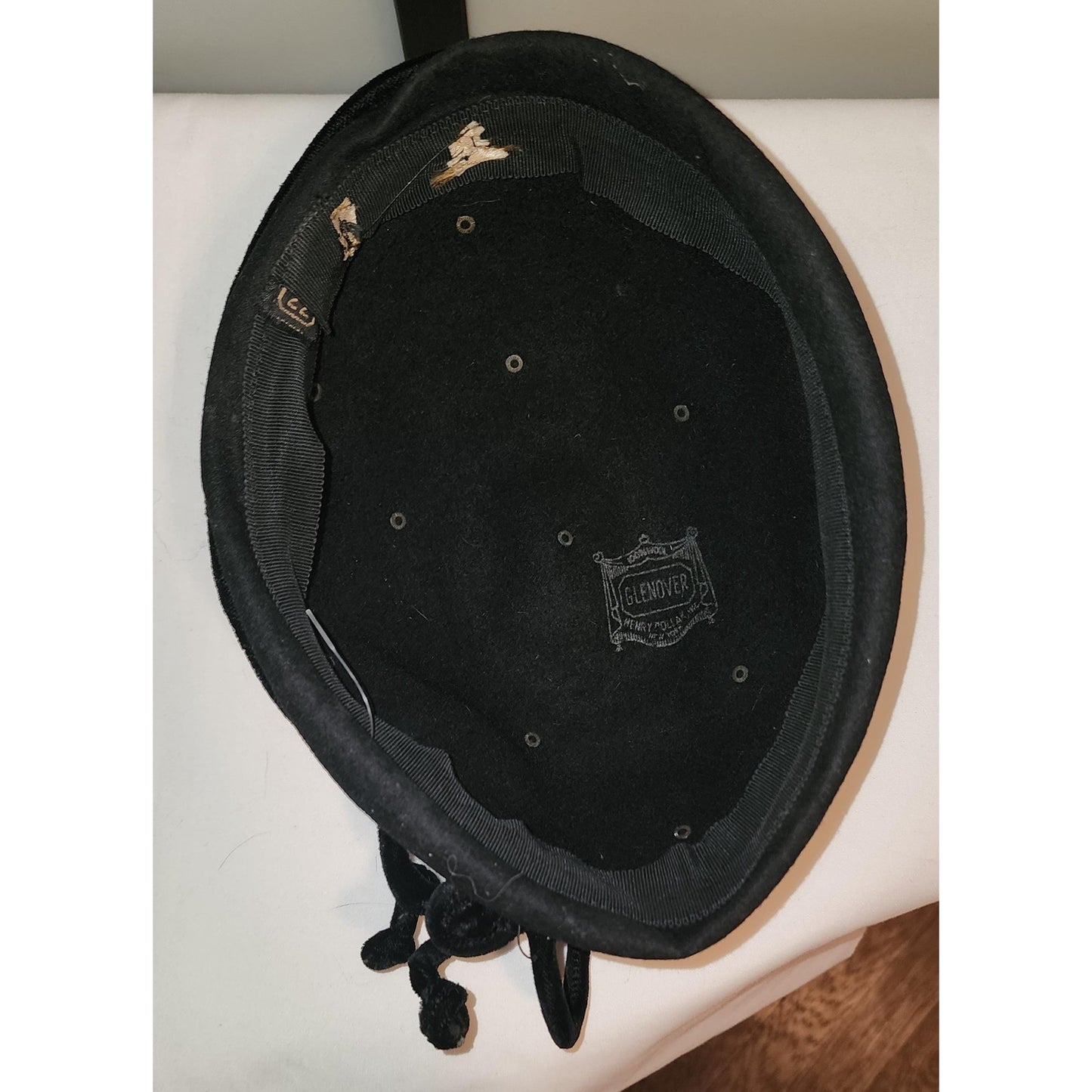 Vintage 1930s Hat Round Black Felt Cocktail Hat Prong Set Rhinestones Black Velvet Ribbon Ornament Art Deco 20.5 in.