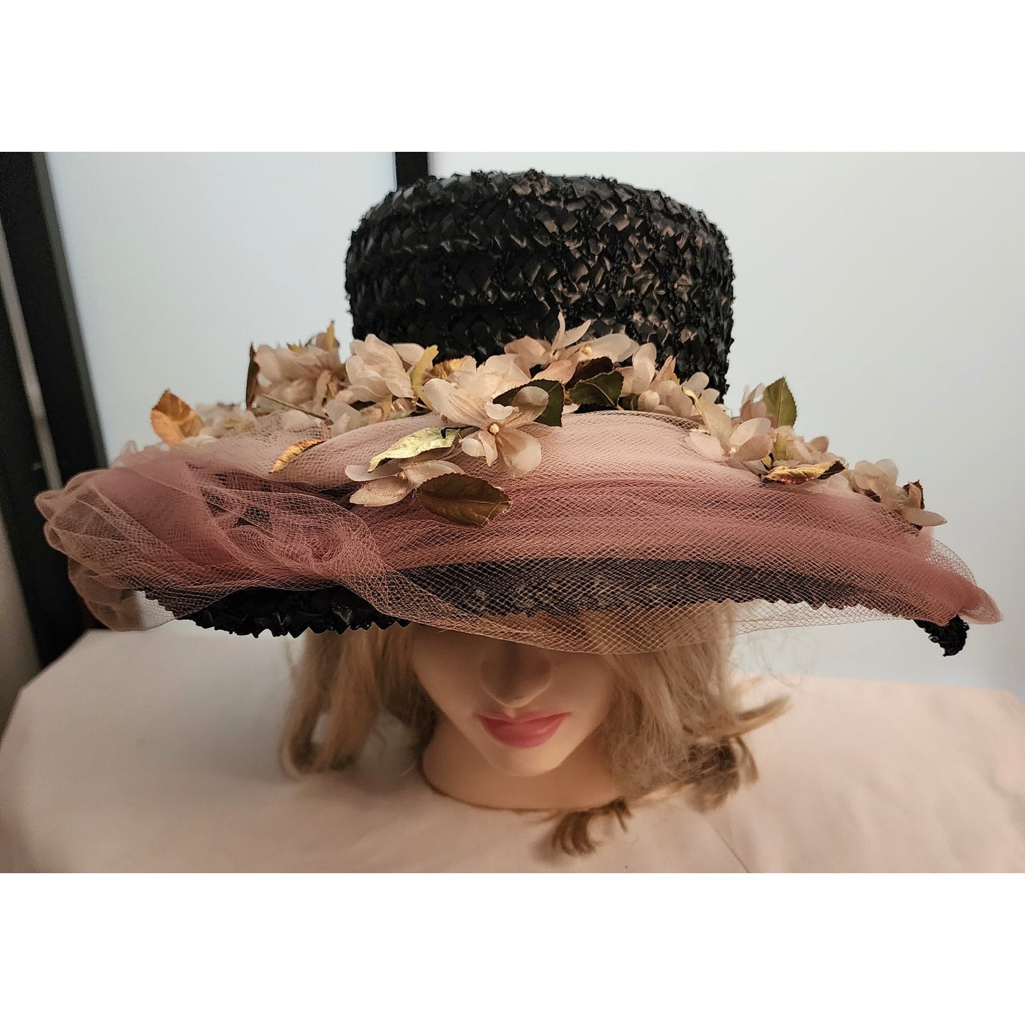 Vintage Platter Hat 1950s Huge Black Straw Saucer Hat Flowers Floral Sheer Tan Net Tulle Swags Mid Century Sun Hat 21.5 inches