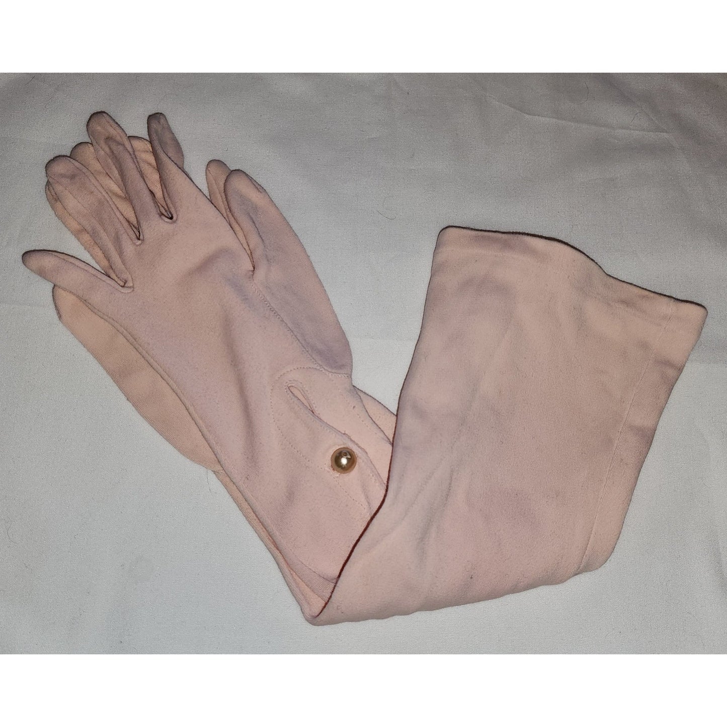 Vintage Pink Gloves 1950s Long Light Pink Nylon Fabric Elbow Gloves Pearl Buttons Van Raalte Mid Century 6