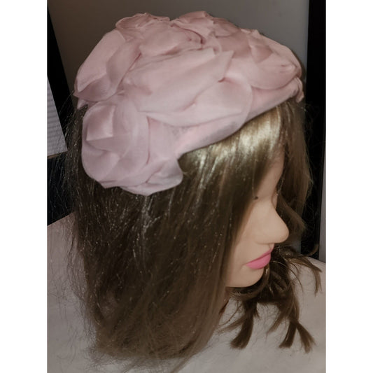 Vintage Floral Hat 1950s Light Pink Nylon Rosette Half Hat Mid Century