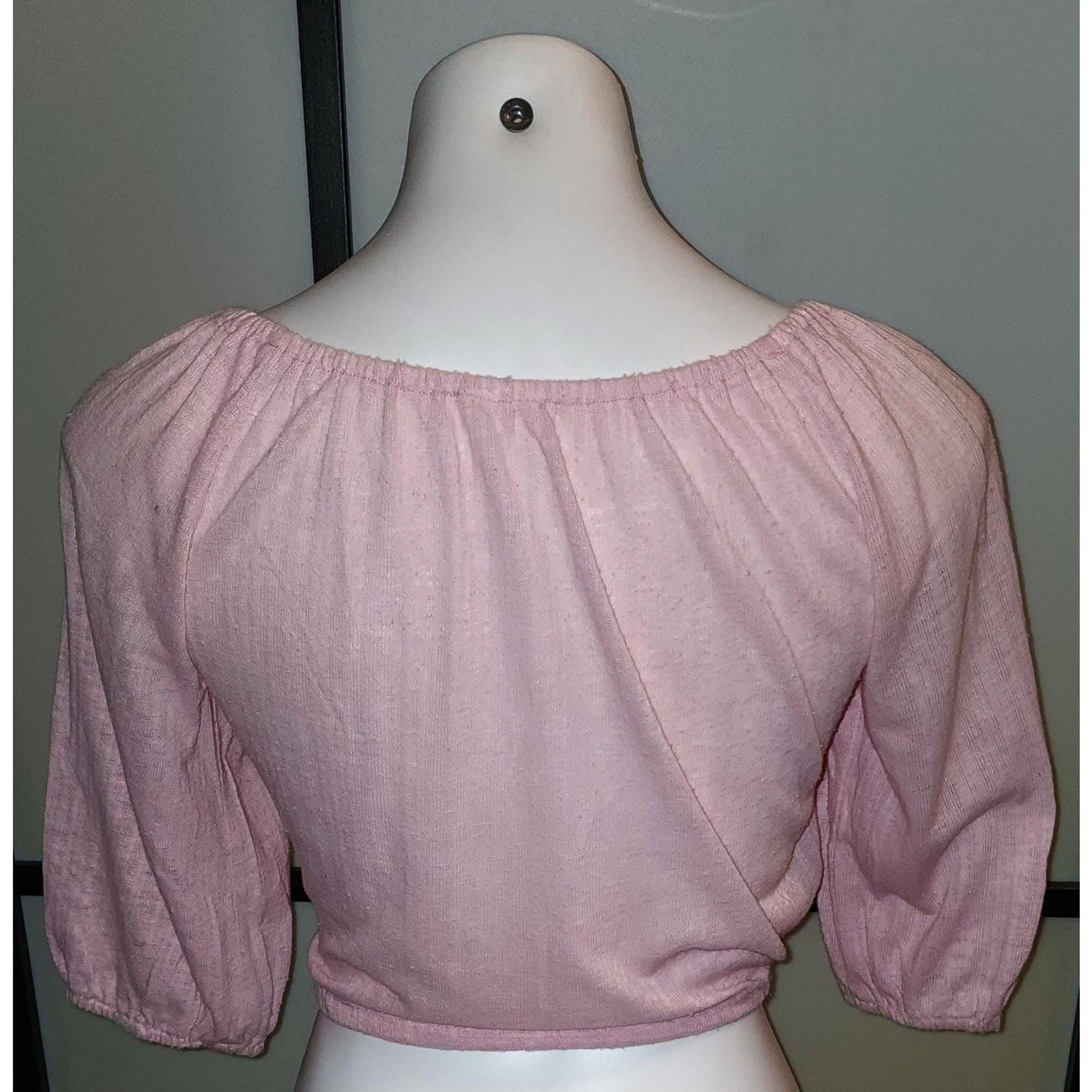 Vintage Drawstring Top 1970s Pink Gauze Drawstring Waist Crop Top Half Sleeves Off Shoulder Hippie Boho S