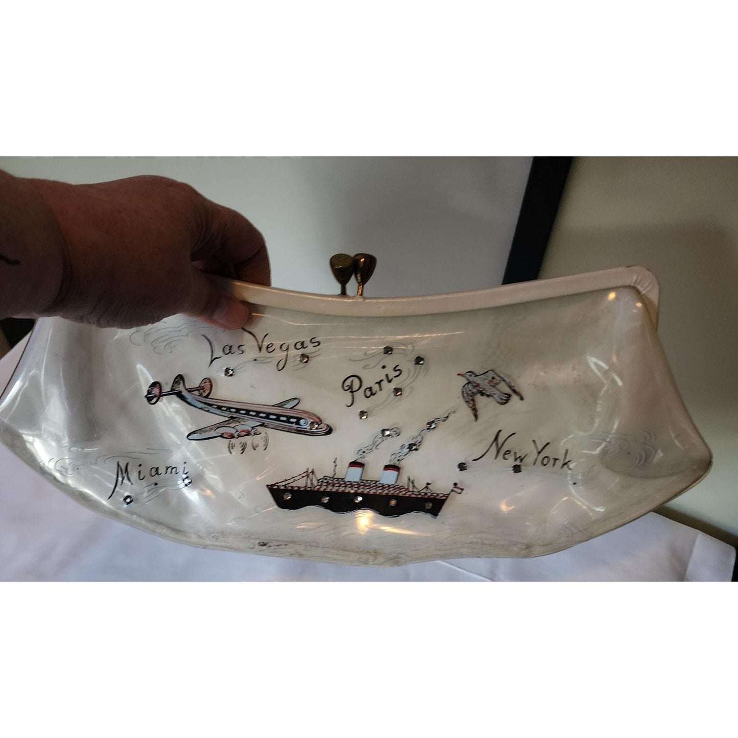 Vintage 1950s Purse Large Clear Vinyl Clutch Whimsical Travel Motifs Paris Vegas NY Miami Plane Ship Rhinestones Mid Century Rockabilly