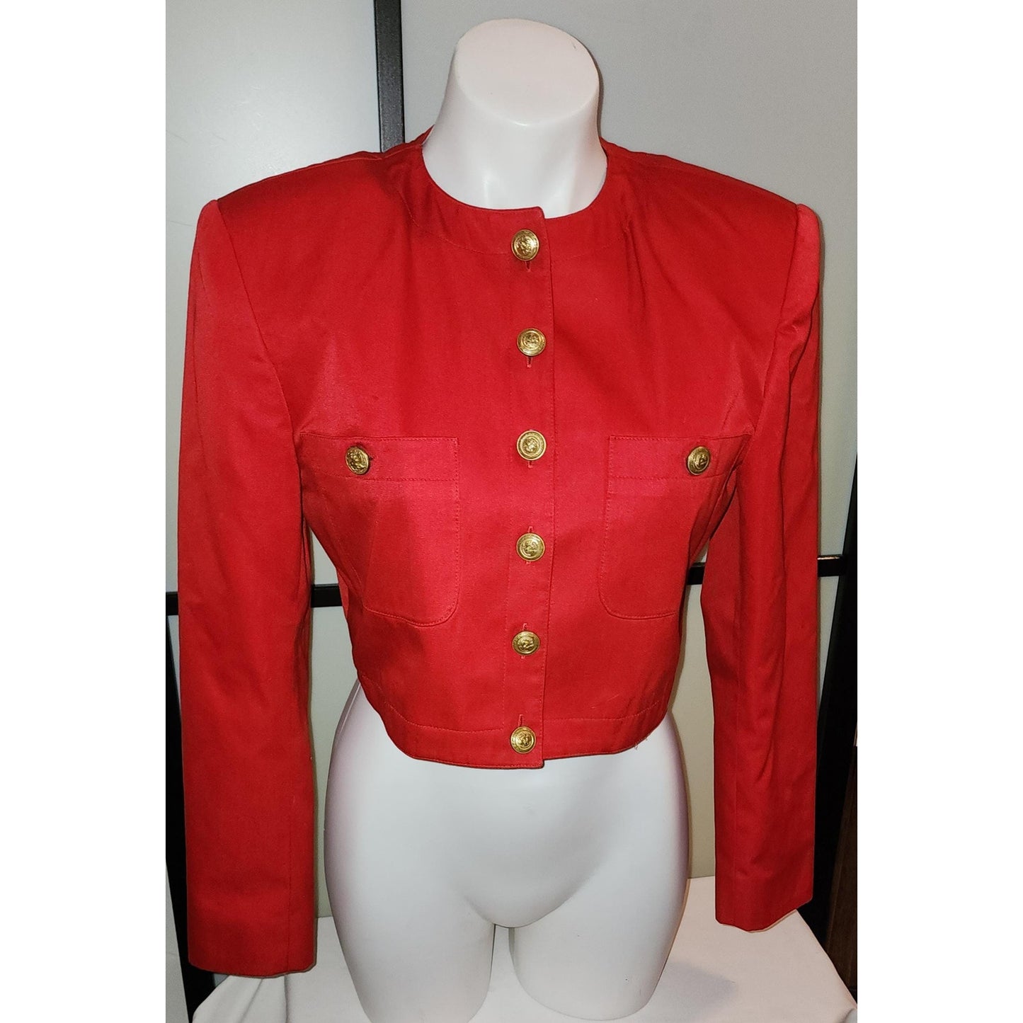 Vintage 80s 90s Bright Red Forenza Cropped Blazer Jacket Gold Buttons S