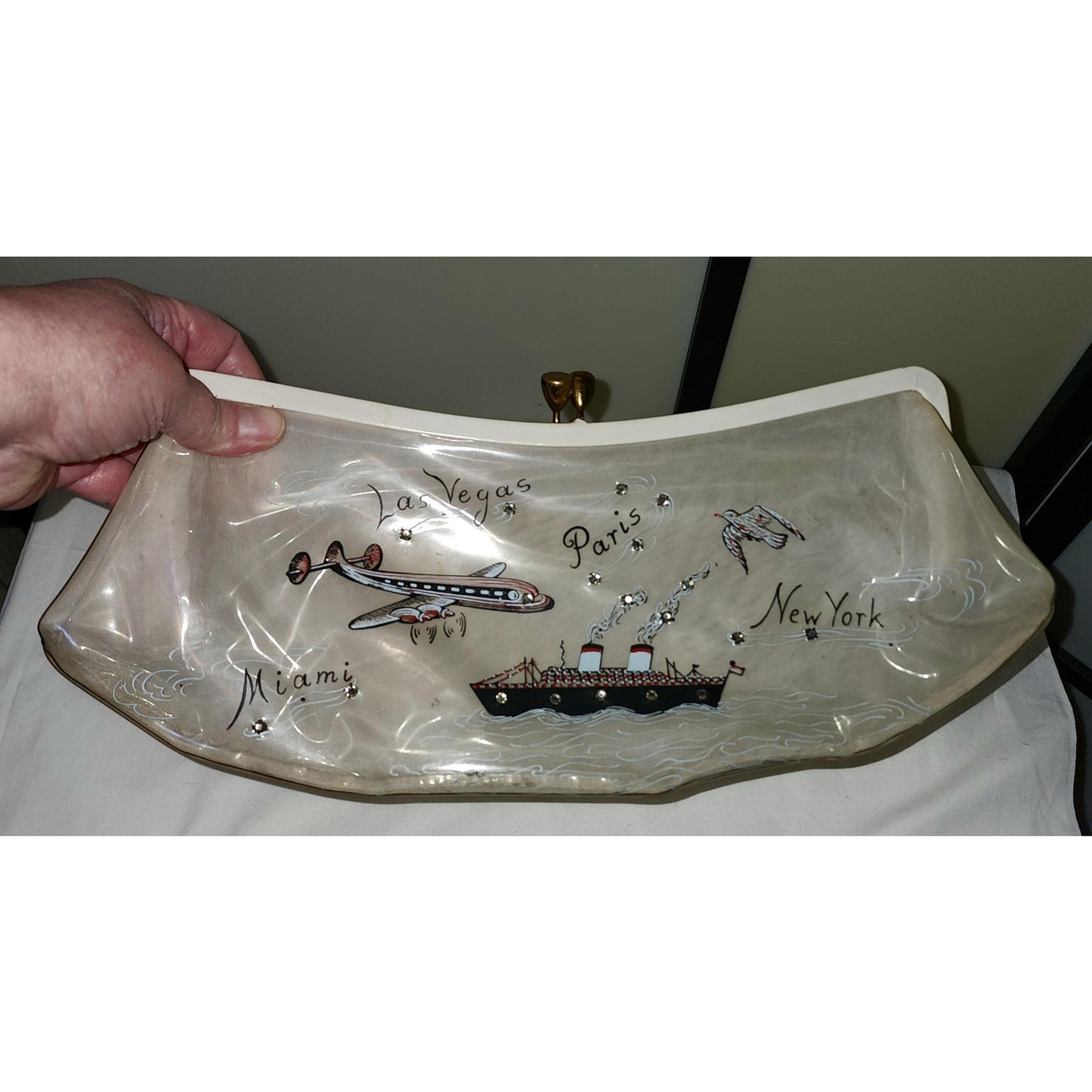 Vintage 1950s Purse Large Clear Vinyl Clutch Whimsical Travel Motifs Paris Vegas NY Miami Plane Ship Rhinestones Mid Century Rockabilly