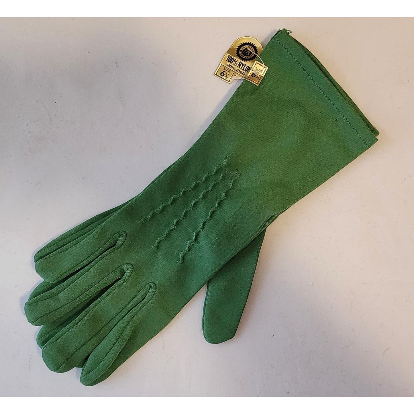 Unworn Vintage Gloves 1950s 60s Rusched Green Fabric Midlength Elbow Gloves Van Raalte Mid Century NWT sz S