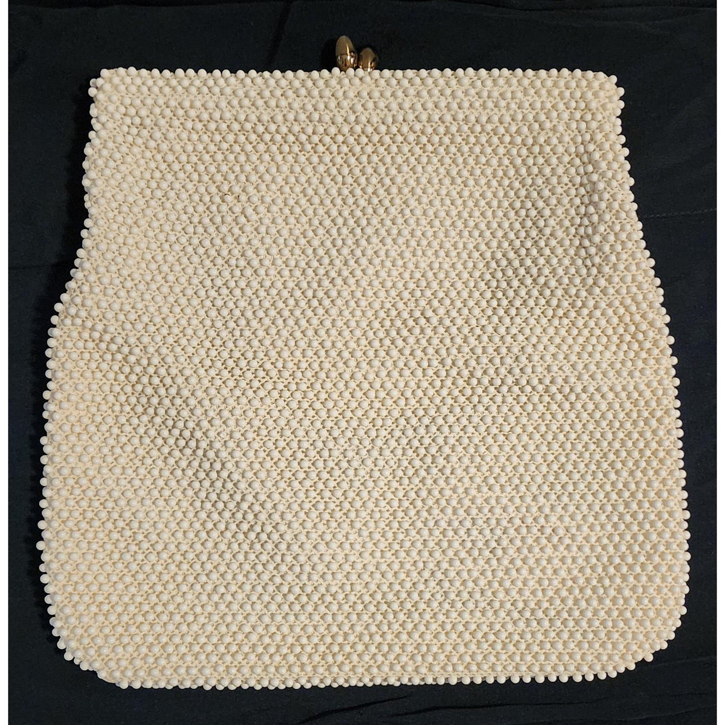 Vintage Beaded Purse 1950s 60s White Cream Bead Clutch Kiss Lock Clasp Optional Chain Handle Mid Century