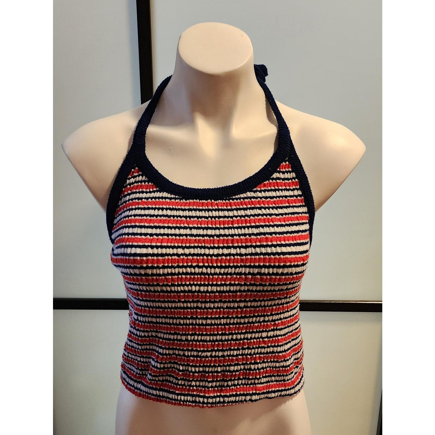 Vintage 1970s Top Red White Blue Striped Stretchy 70s Halter Top Tank Top Tie Around Neck Schooner Patriotic Boho S
