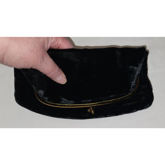 Vintage Clutch Purse 1950s Black Velvet Pouch Foldover Clutch Purse Goldtone Metal Frame Kiss Lock Satin Lining Mid Century