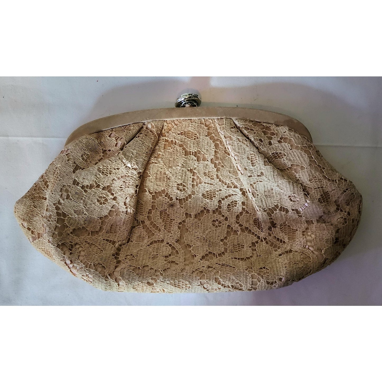 Vintage 1950s Clutch Small Pink Beige Lace Purse Rhinestone Clasp Mid Century Rockabilly Wedding Bridal