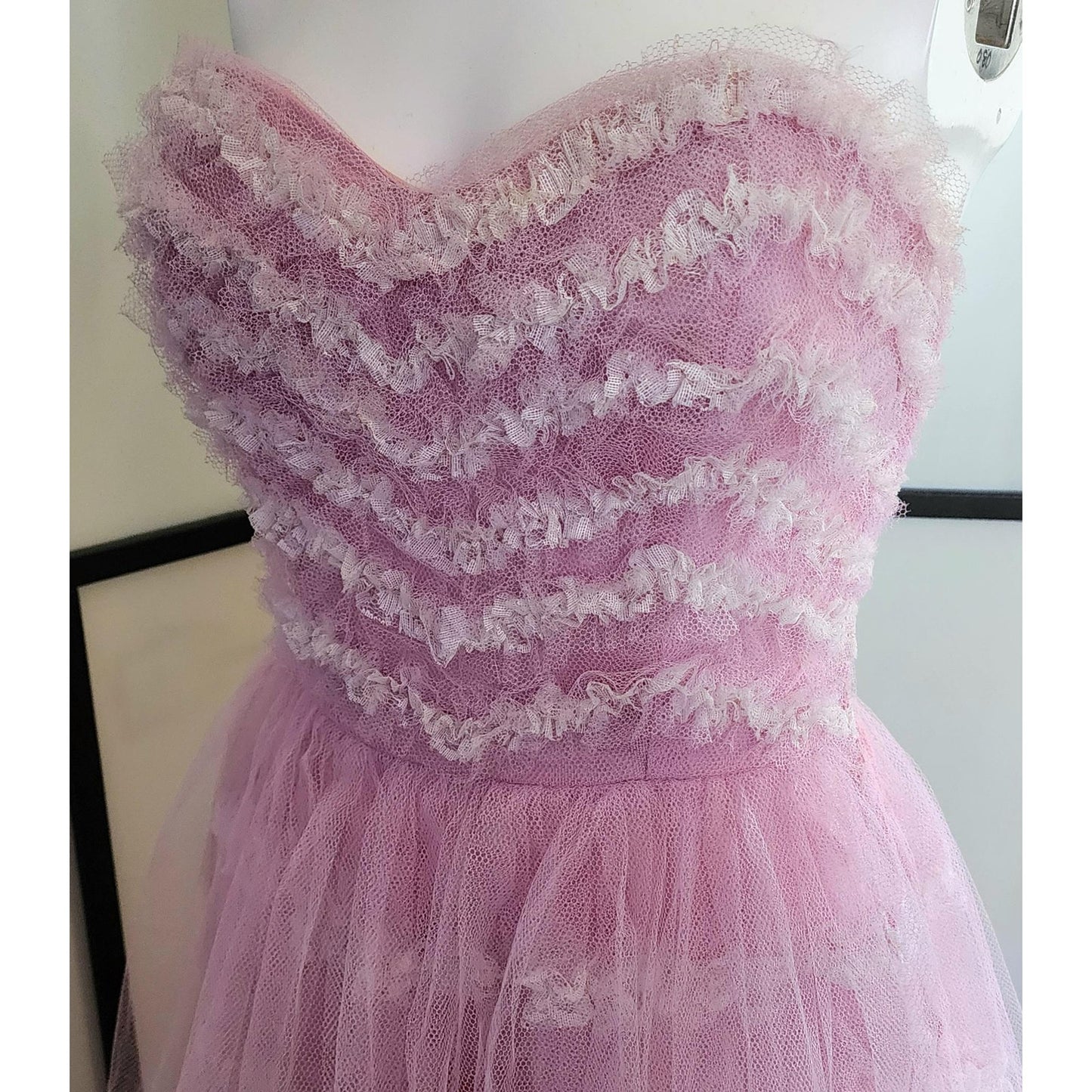 Vintage 1950s Dress Strapless Pink White Net Lace Bouffant Prom Dress Sweetheart Bodice Mid Century Rockabilly M