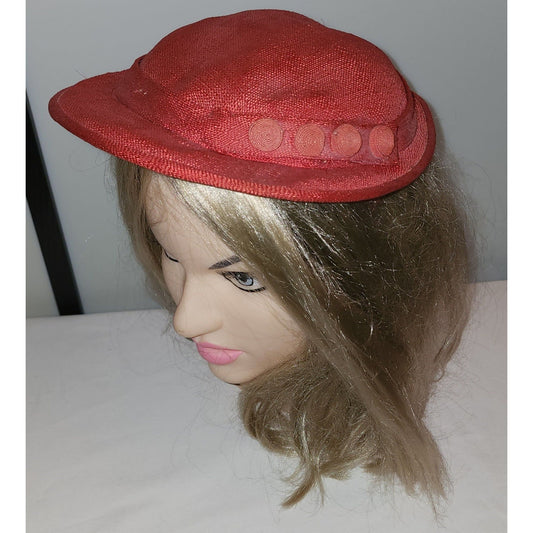 Vintage 1930s Hat Round Red Linen Perch Tilt Hat Cap Button Detail Laurel Hurst Art Deco Mid Century 20.5 in.