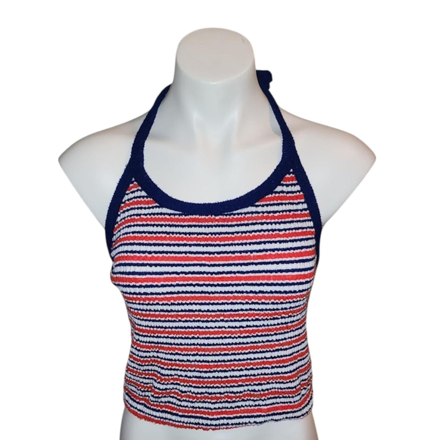 Vintage 1970s Top Red White Blue Striped Stretchy 70s Halter Top Tank Top Tie Around Neck Schooner Patriotic Boho S