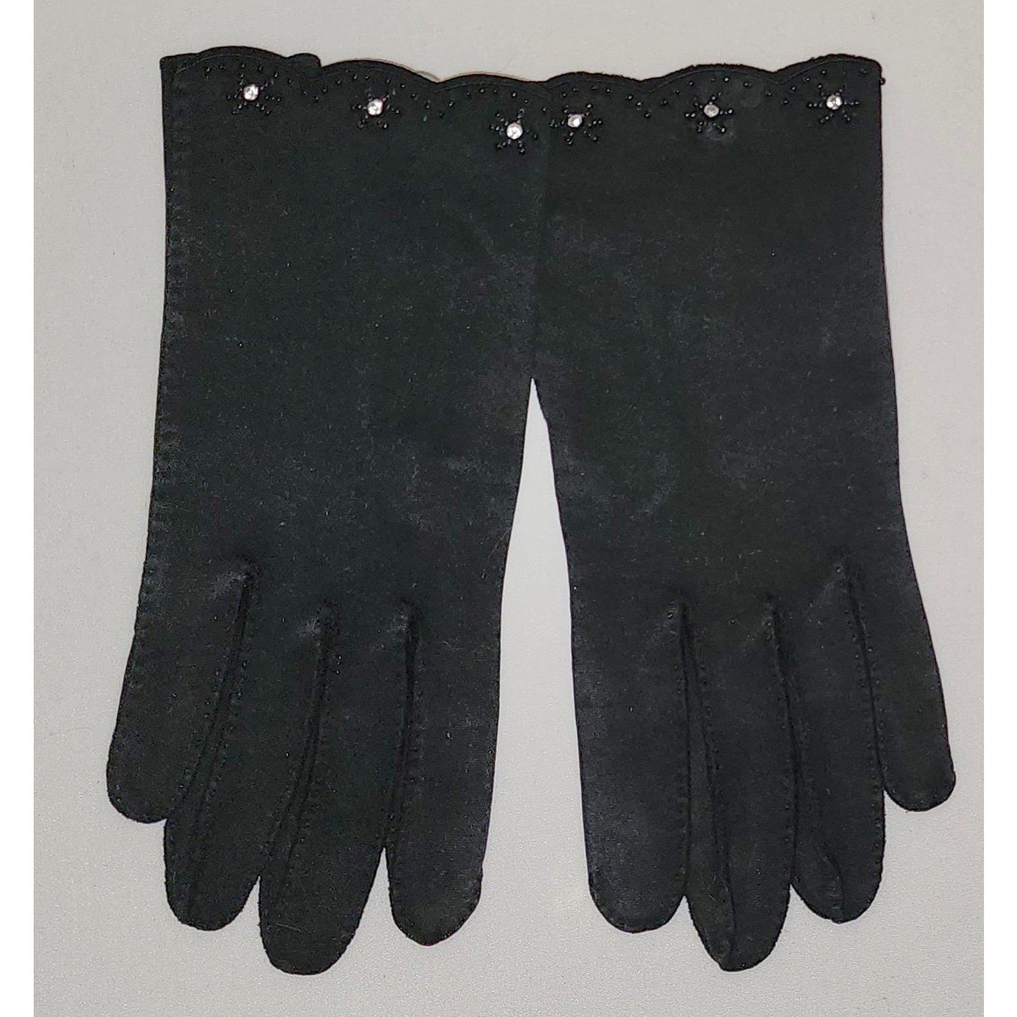 Vintage Rhinestone Gloves 1940s 50s Black Wrist Gloves Tiny Black Beads Prong Set Rhinestones Wear Right Western Germany Mid Century 6 1/2