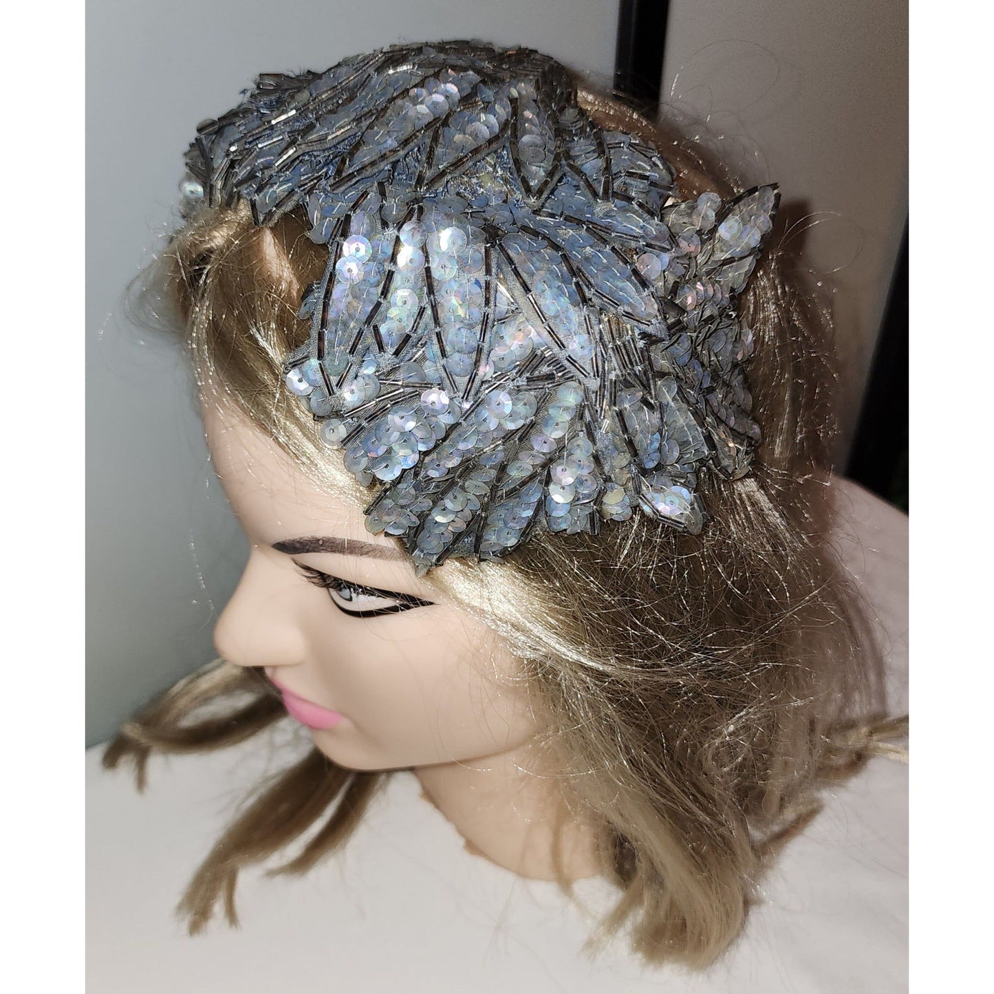 Vintage Half Hat 1950s Exquisite Small Light Blue Iridescent Sequin Beaded Leaf Half Hat Clamp Hat Mid Century