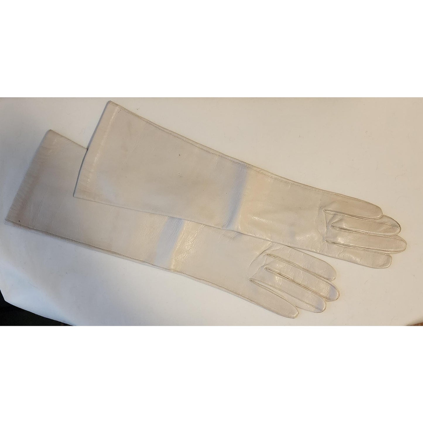 Vintage Leather Gloves 1960s Midlength Light Beige Leather Elbow Gloves Thin Nylon Lining Van Raalte Mid Century 7