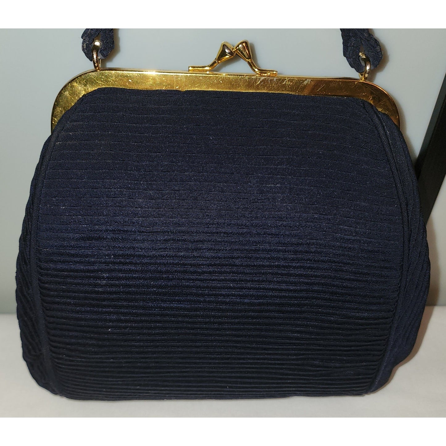 Vintage 1940s Purse Dark Blue Tiny Pleated Rayon Fabric Purse Plisse Mid Century WWII