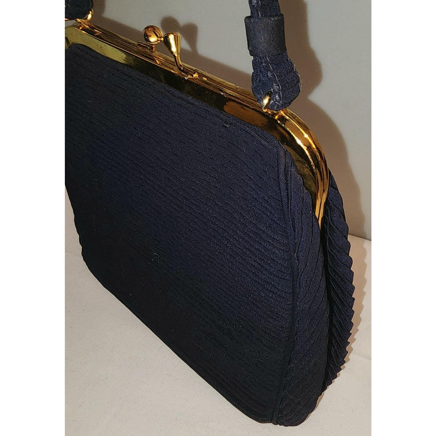 Vintage 1940s Purse Dark Blue Tiny Pleated Rayon Fabric Purse Plisse Mid Century WWII