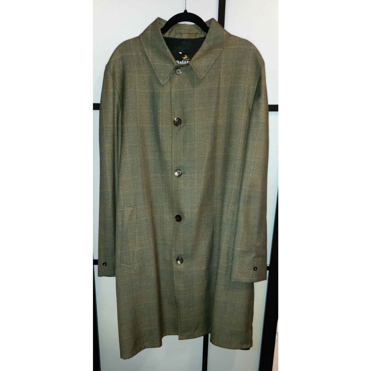 Men's Vintage Coat 1960s Overcoat Topcoat Dark Green Plaid Raincoat Rainfair Mid Century L XL chest 50 in.
