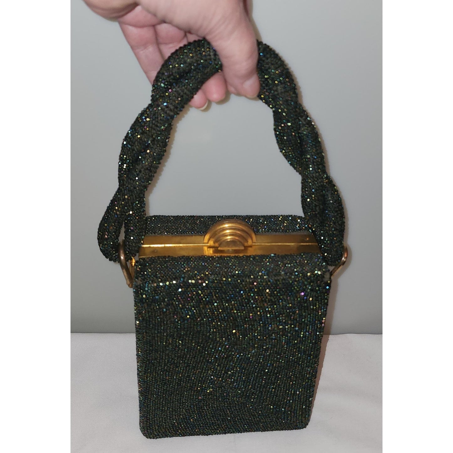 Vintage 1930s Purse Black Iridescent Carnival Glass Micro Bead Box Purse Braided Bead Handle Gold Metal Frame Art Deco Mid Century