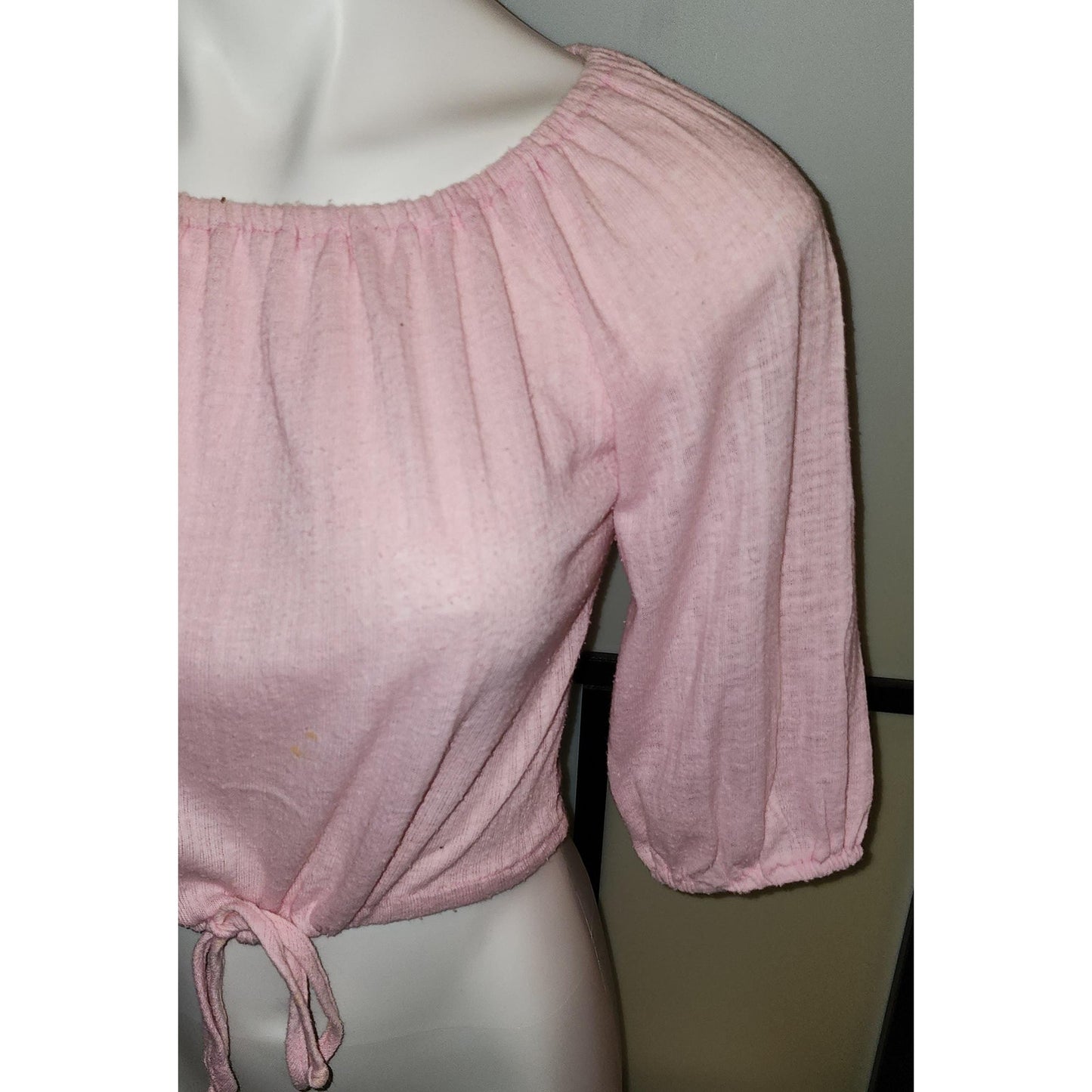 Vintage Drawstring Top 1970s Pink Gauze Drawstring Waist Crop Top Half Sleeves Off Shoulder Hippie Boho S
