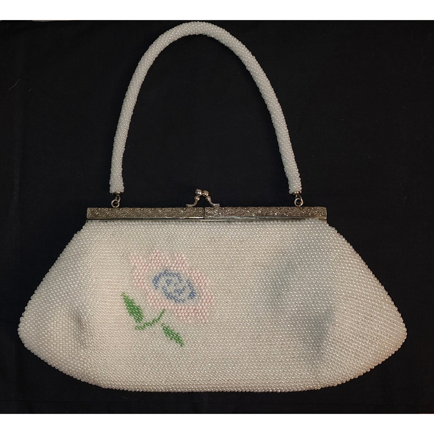 Vintage Beaded Purse 1950s White Glass Seed Bead Purse Pink Blue Pastel Floral Design Mid Century