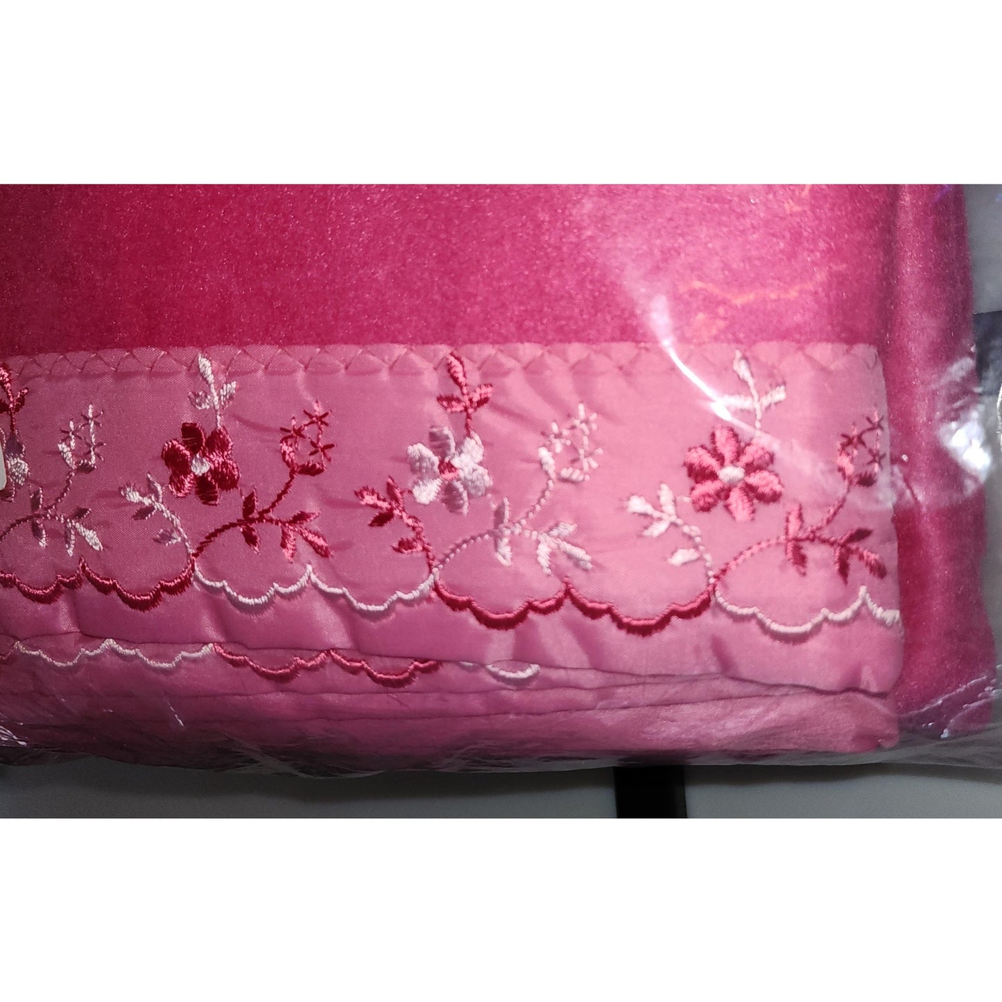 Unused Vintage Blanket 1960s Bright Pink Rayon Poly Acrylic Blanket Pink Floral Embroidered Trim NIP Mid Century Bedding 72 x 90 in