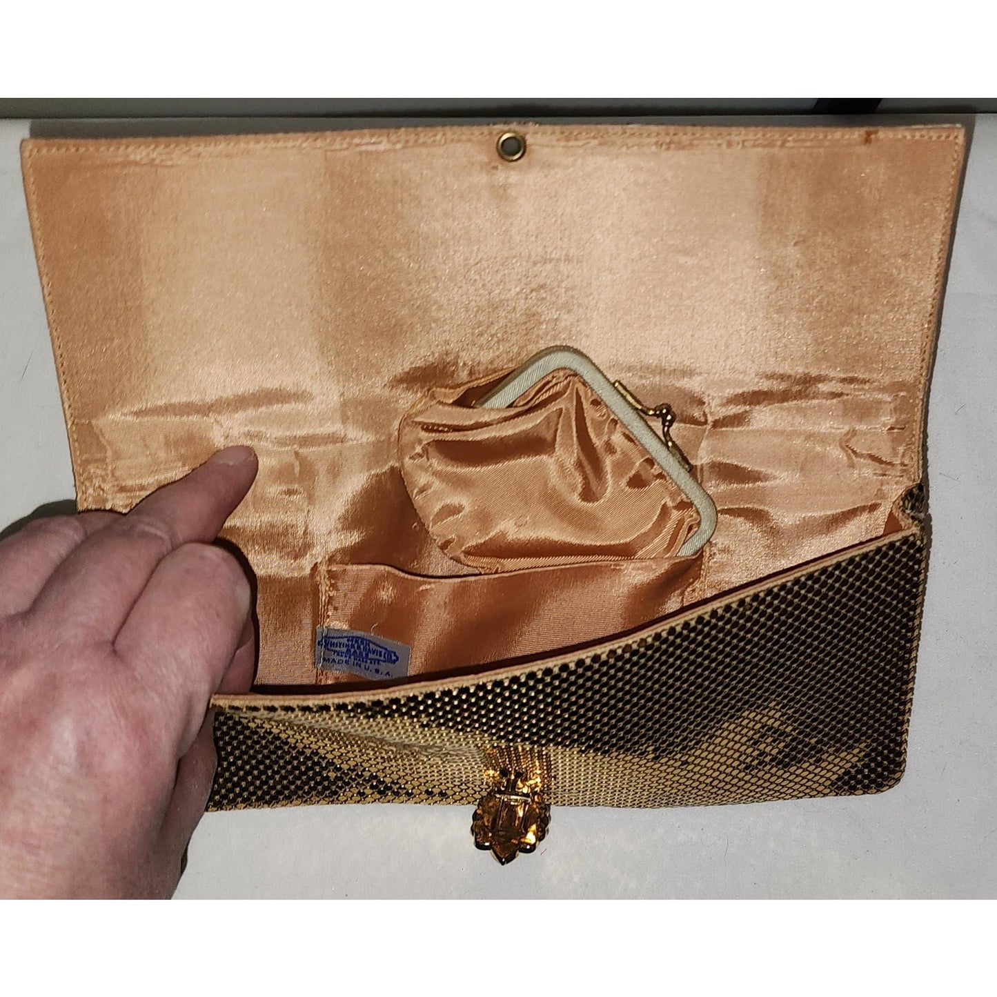 Vintage Gold Clutch 1950s Whiting and Davis Gold Metal Mesh Clutch Purse Rhinestone Clasp Mid Century Evening Purse Bag