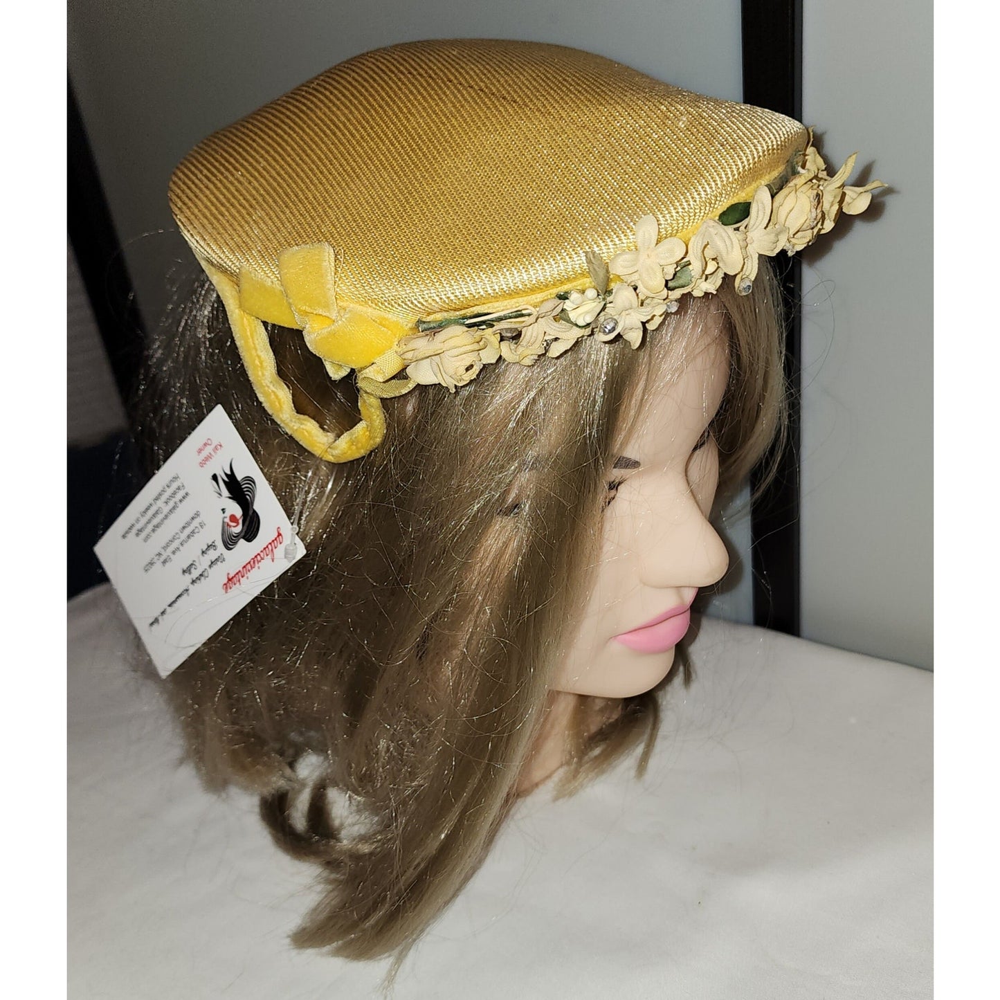 Vintage 1950s Hat Small Yellow Floral Rhinestone Half Hat Clamp Hat Mid Century