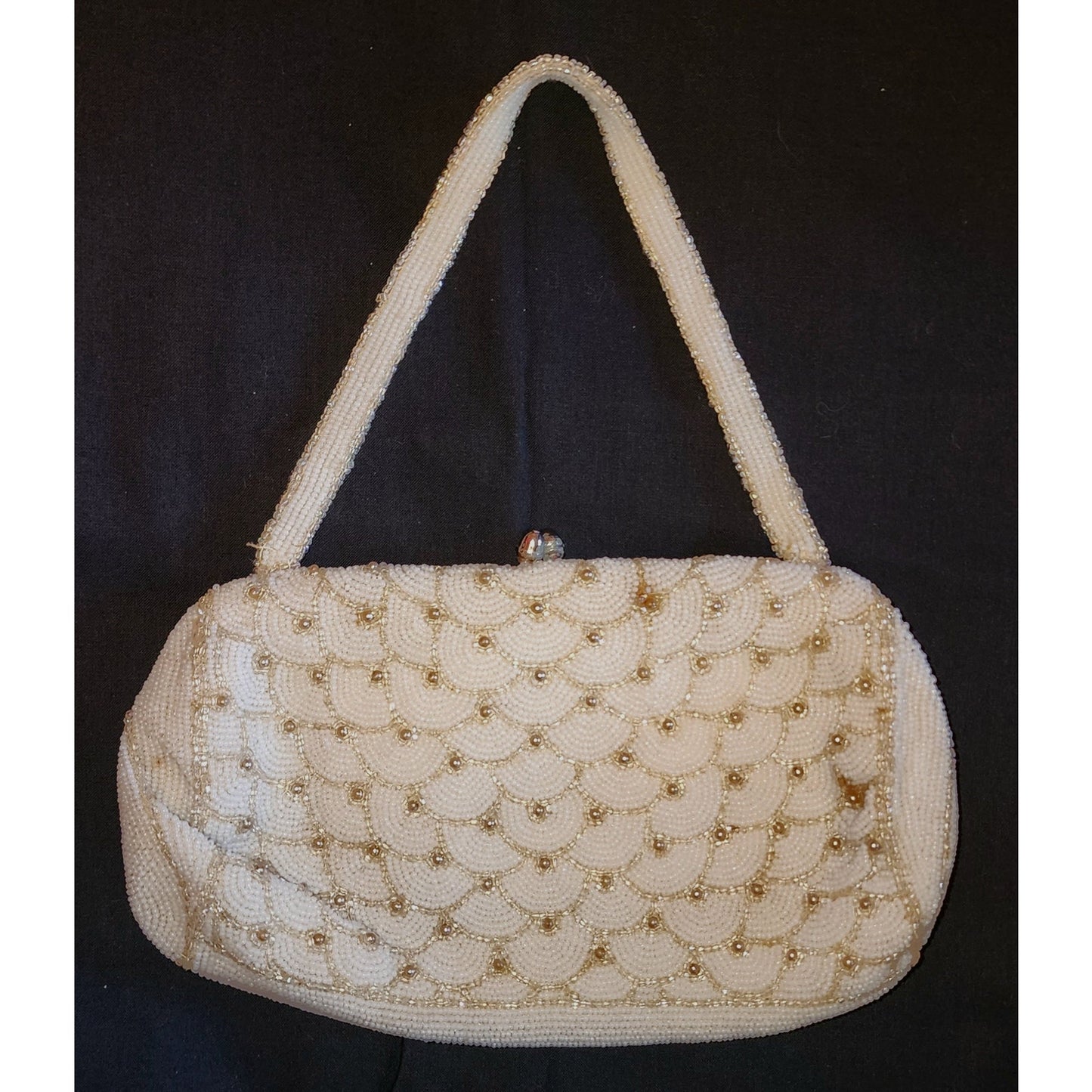 Vintage Beaded Purse 1940s 50s White Cream Glass Bead Top Handle Purse Faux Pearls Satin Lining Mid Century Wedding Bridal Small Mark