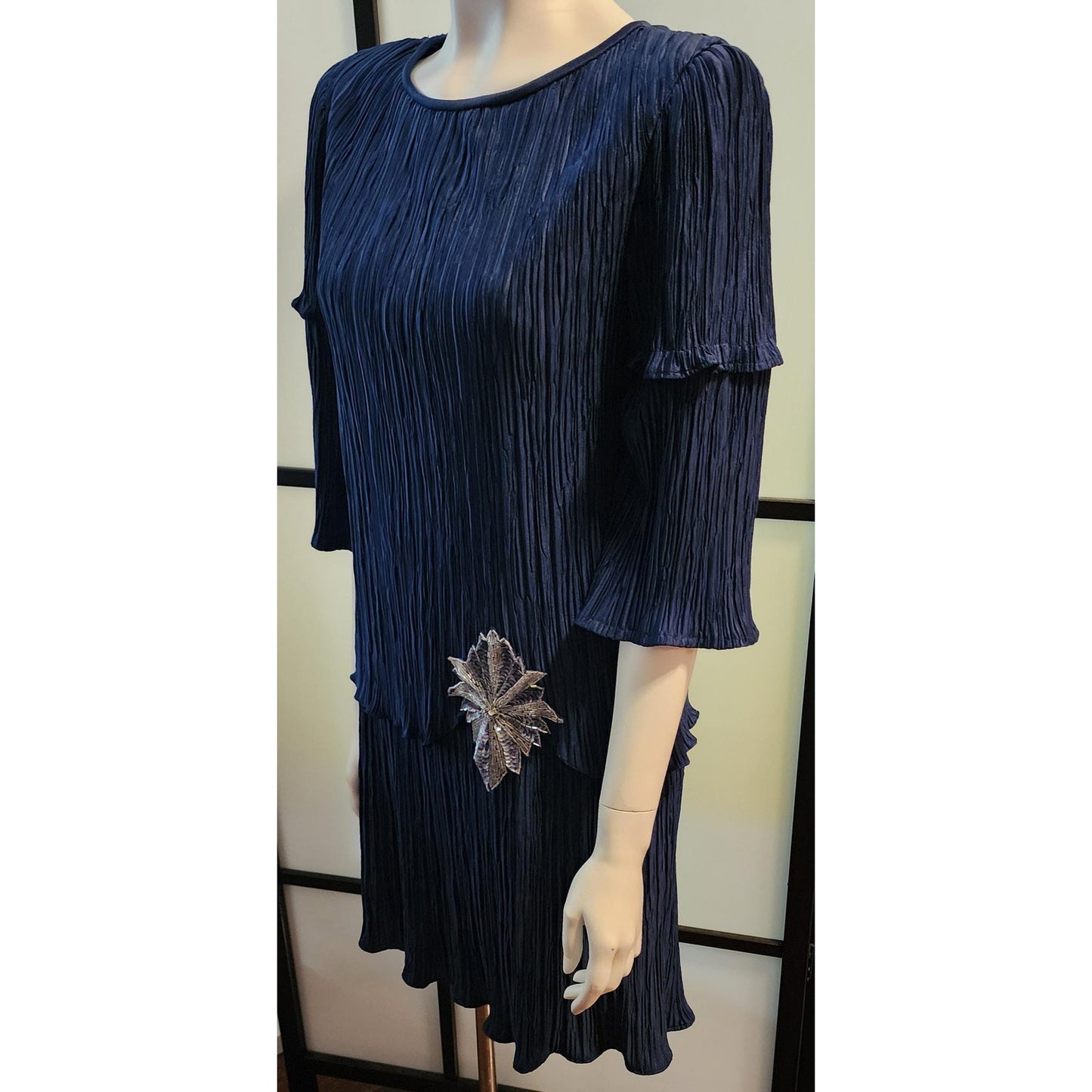 Vintage Evening Dress 1980s Dark Blue Micro Pleat Tiered Flapper Style Cocktail Dress Huge Beaded Ornament After Dark M