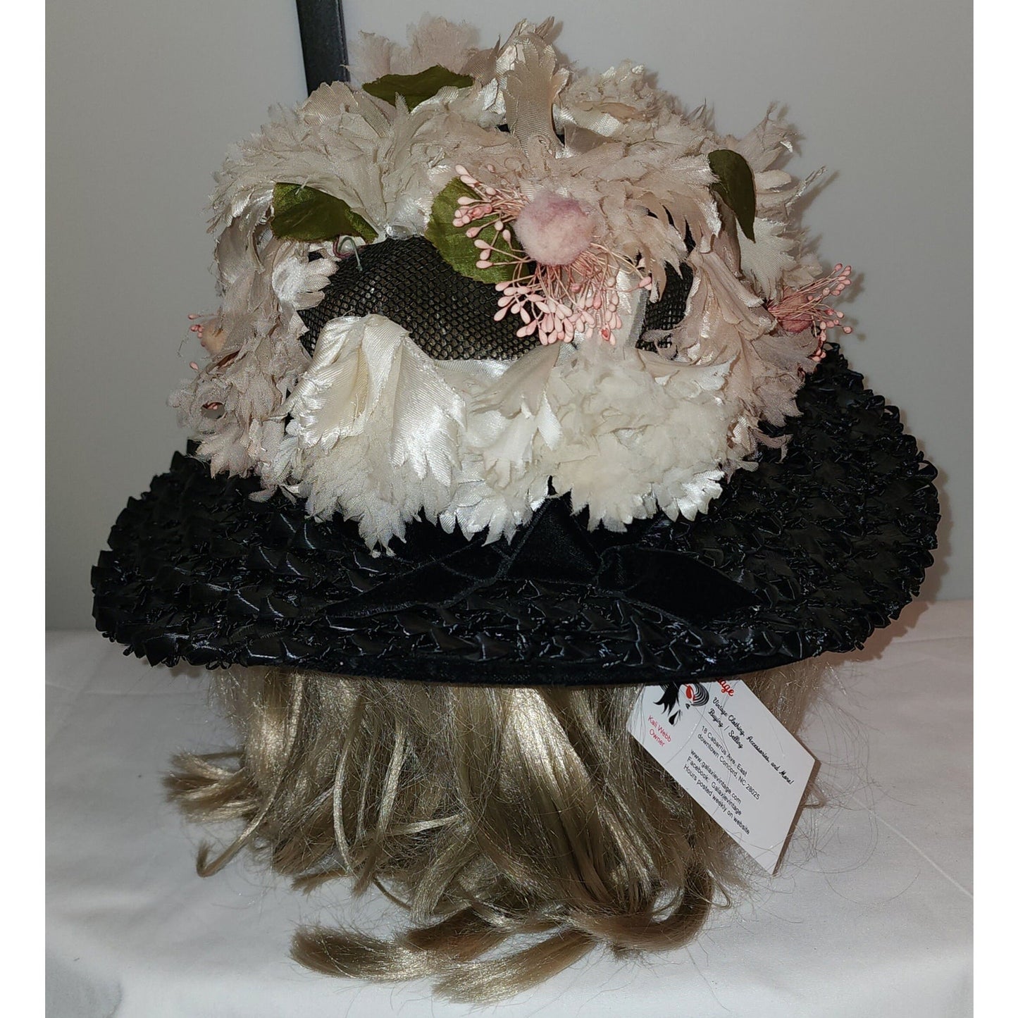 Vintage Platter Hat 1950s Large Black Straw Sun Hat Pink White Flowers Floral Mid Century 20.5 inches