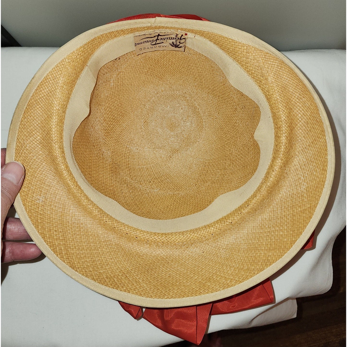 Vintage Panama Hat 1920s 30s Womens Natural Straw Round Bucket Cloche Hat Red Silky Ribbon Bow Genuine Panama Art Deco 21 in.