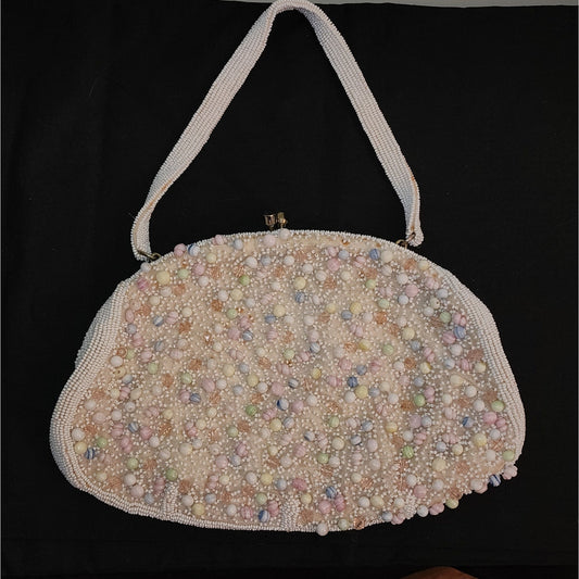 Vintage Beaded Purse 1950s White Pink Blue Pastel Beaded Purse Satin Lining Mid Century