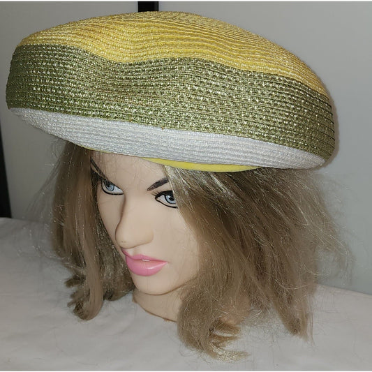 Vintage 1960s Hat Large Straw Beret Pouf Style Green Yellow White Hat Velvet Trim Mid Century Mod 21.5 inches